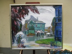 Ant molberto - Filomenos Linčiūtės-Vaitekūnienės paveikslas "Lietus Vytauto gatvėje" Ant molberto - Filomenos Linčiūtės-Vaitekūnienės paveikslas "Lietus Vytauto gatvėje"